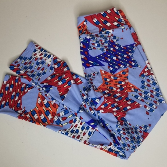 LuLaRoe One Size 2-10 Leggings‎ Patriotic Stars Pop Rocket Print Red White Blue - Picture 7 of 8